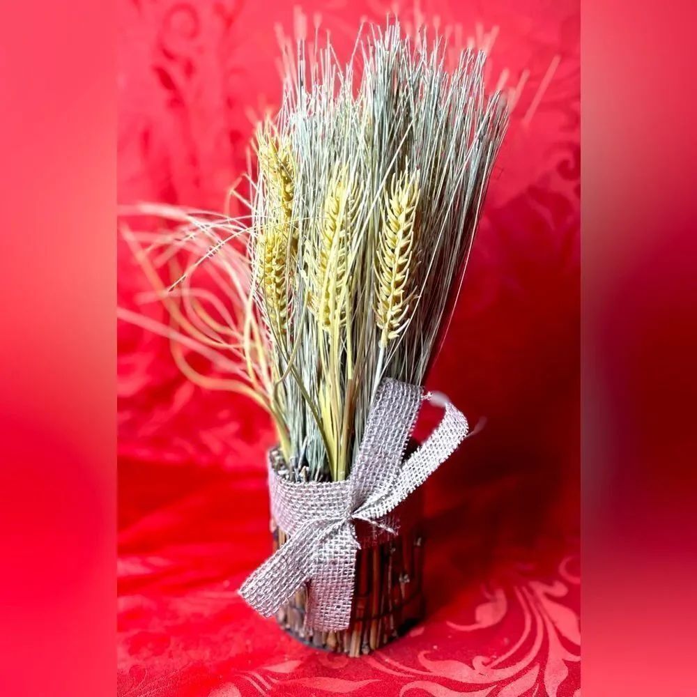 14” NEW! Wheat Foliage Floral Stack Arrangement Burlap Bow